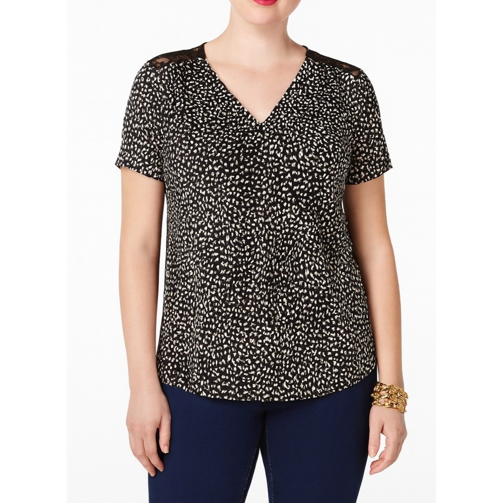 Michael Kors Women's Petite Printed Pleated-Back Top Black Size PM Lace Sheer